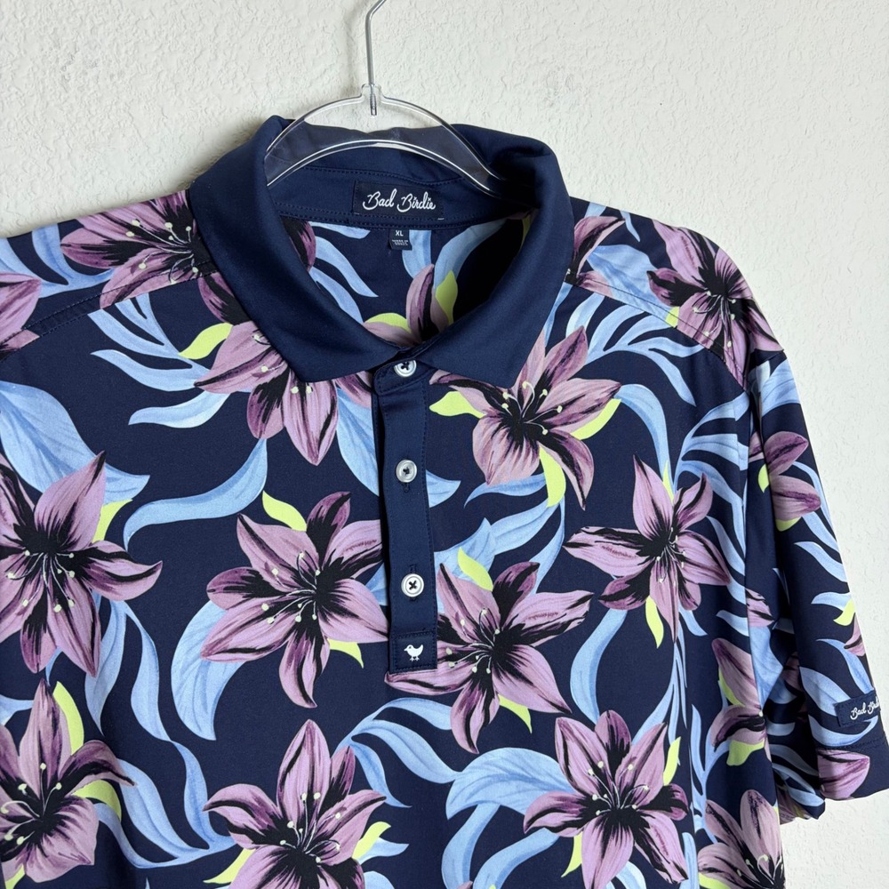 Bad Birdie Mens Floral Lily Performance Golf Polo Navy Purple XL BBMP001-622